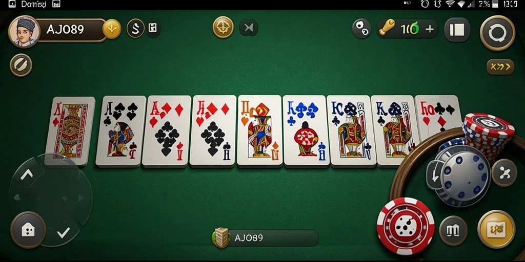 Menampilkan gameplay AJO89 yang seru dalam permainan Domino.