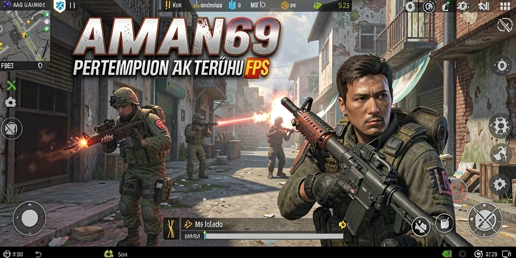 Screenshot gameplay AMAN69 menampilkan aksi pertempuran FPS yang mendebarkan.