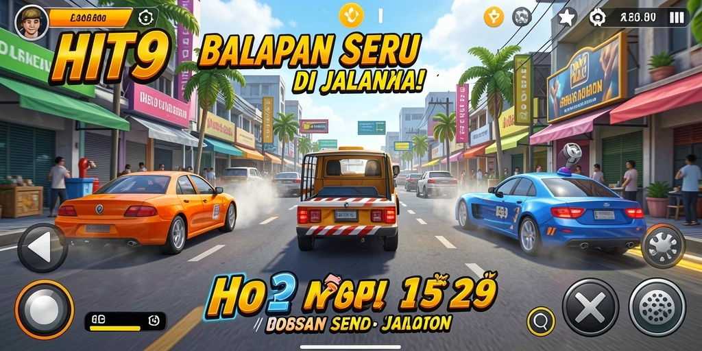 Gameplay balapan seru di HIT9 dengan mobil cepat dan lintasan menantang.