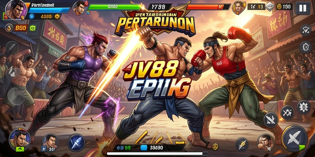 Tampilan gameplay JV88 dengan pertarungan intens dan karakter menakjubkan.