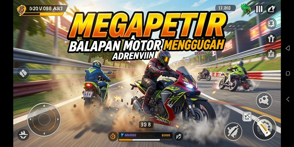 Menggambarkan gameplay balapan motor yang mendebarkan di MEGAPETIR.