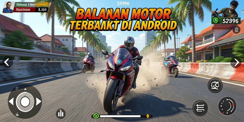 Screenshot gameplay SR996 menunjukkan balapan motor yang mendebarkan dan grafis menawan.